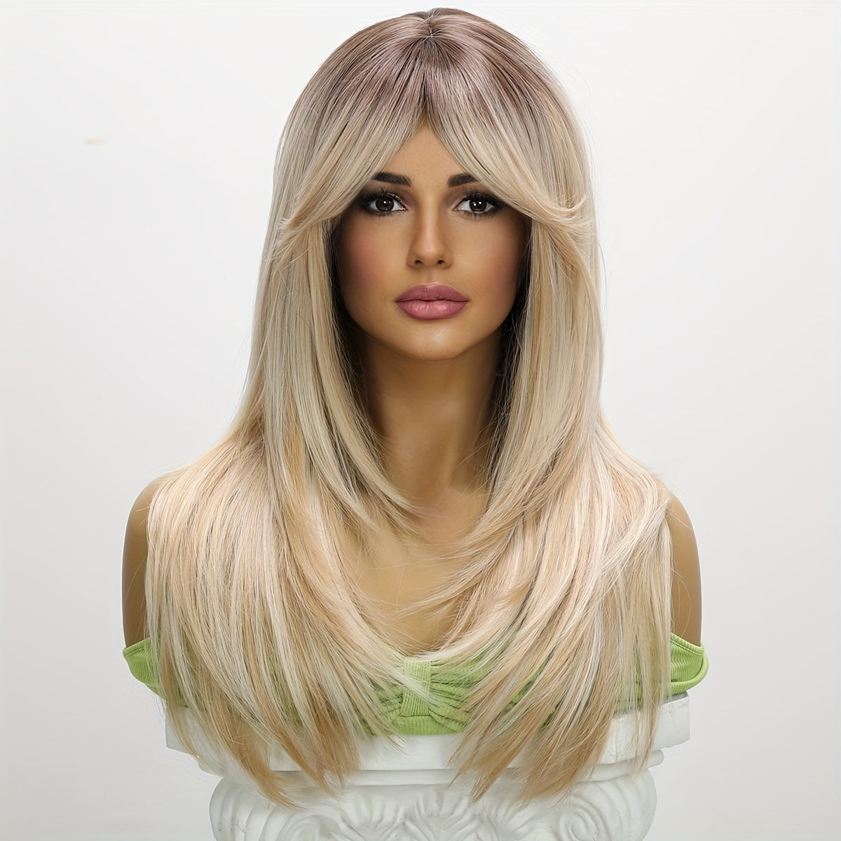 Elegant Blonde Highlighted Women's Wig with Bangs - Heat-Resistant Synthetic Straight Hair, Gradient Style from Dark to Light Blonde, Perfect for Daily Wear, Beginners, Mother's Day, Birthday Gifts, and Parties, Blonde Wigs,